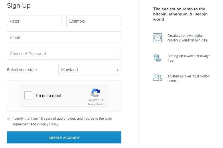 Sign Up در صرافی کوین بیس
